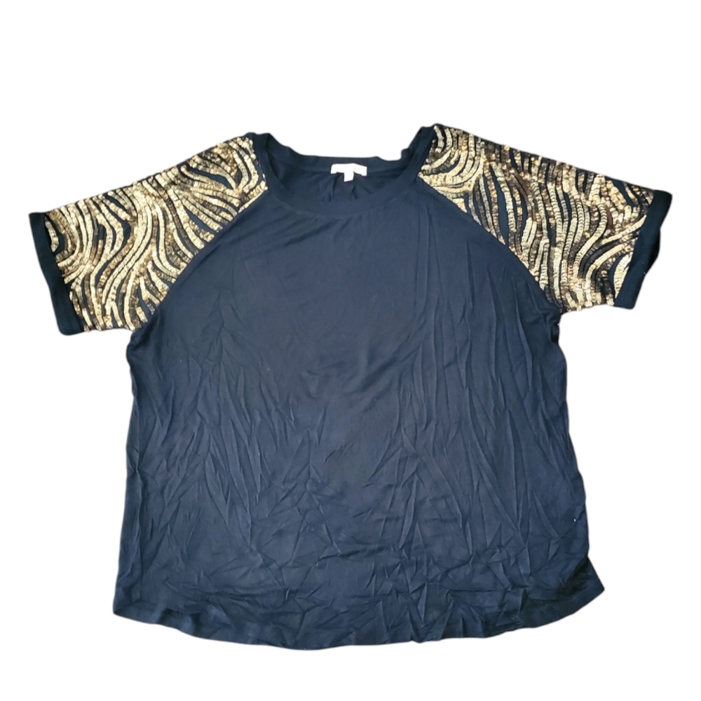 Gibson Latimer Chic Black Top with Gold Sequin Sleeves XL